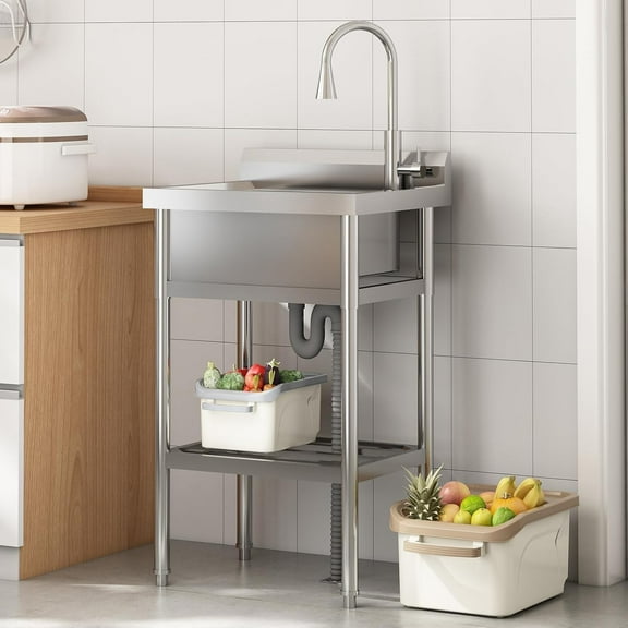 Free Standing Stainless Steel Sink,Commercial Single Bowl Washing Hand Basin Station Sink,Portable Utility Sinks with Hot and Cold Water Pipe,Faucet & Shelves for Garage,Kitchen,Backyard Handwashing
