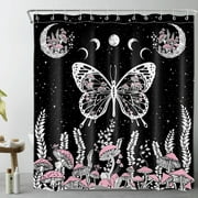 HVEST Mushroom and Butterfly Shower Curtain for Bathroom,Boho Starry Sky with Moon Phase and Country Plant Fabric Shower Curtain with Hooks,Black and White Bathroom Curtains Shower Set, 72x78 inches