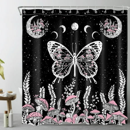 HVEST Mushroom and Butterfly Shower Curtain for Bathroom,Boho Starry Sky with Moon Phase and Country Plant Fabric Shower Curtain with Hooks,Black and White Bathroom Curtains Shower Set, 72x78 inches