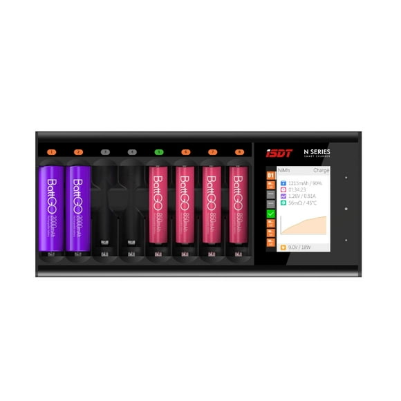 ISDT LCD Display Universal Battery Charger N8 8-Slot Speedy Smart Battery Fast Charger for Rechargeable Batteries AA AAA Li-lon LiHv Ni-MH Ni-Cd Nizn LiFePO4