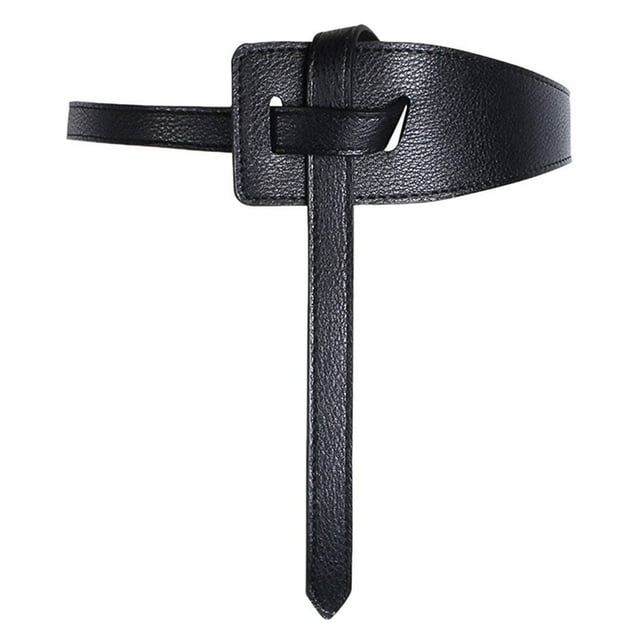 Lady Robe Rétro Asymétrique Cravate Ceinture en Cuir Synthétique Bande Wrap Noir
