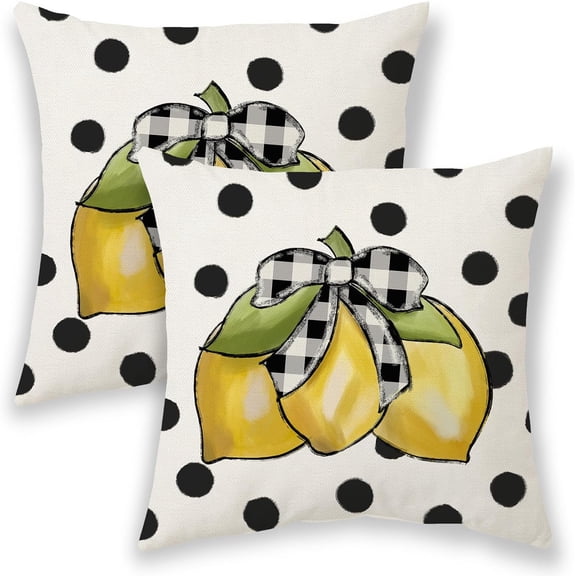 Summer Outdoor Pillow Covers 16x16 Inch 2 Pcs, Yellow Lemon Black White Polka Dots Decorative Throw Pillows, Fruit Farmhouse Decor Pillowcase Linen Cushion Cover for Home Couch Sofa Bed