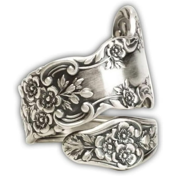 Vintage Flowers Spoon Rings Promise Wedding Engagement Statement Boho Circling Rose Flower Cluster Finger Open Ring Adjustable Extendable Wrap Bands for Women Men Retro Jewelry
