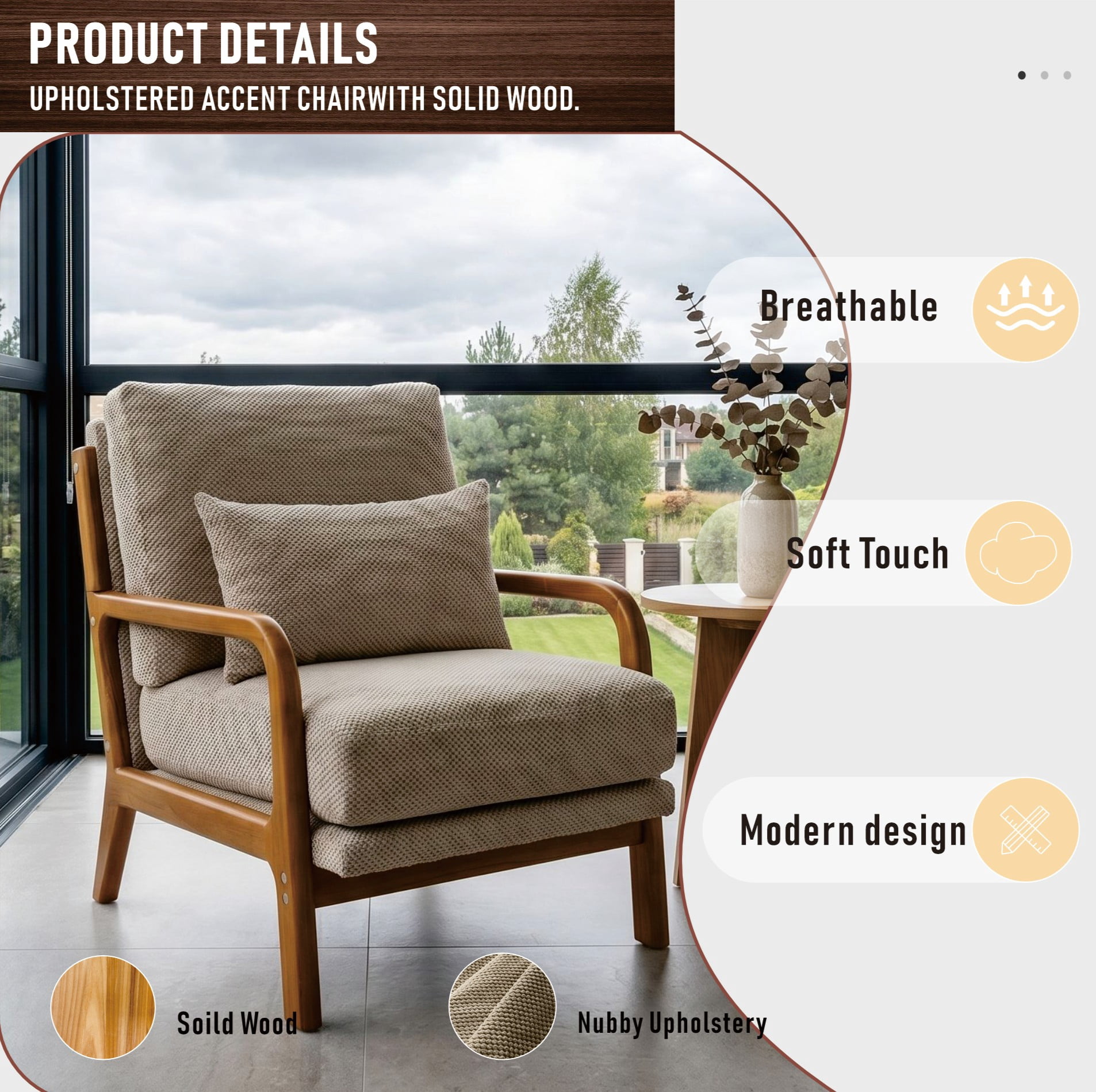 MOONMISS Accent Chair, Reading Club Chair with Pillow for Living Room Bedroom Furniture,Camel