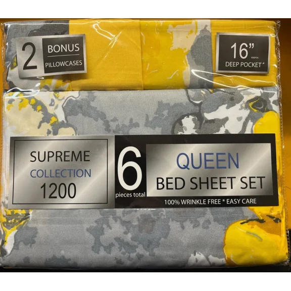 Supreme Collection 1200 Extra Deep 6 Piece Queen Sheet Set, Yellow Floral