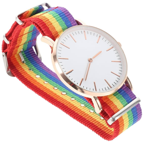 BRIGHTFUFU Reloj de pulsera unisex con diseño de arcoíris, reloj de cuarzo de moda, delicado adorno de muñeca en oro rosa.