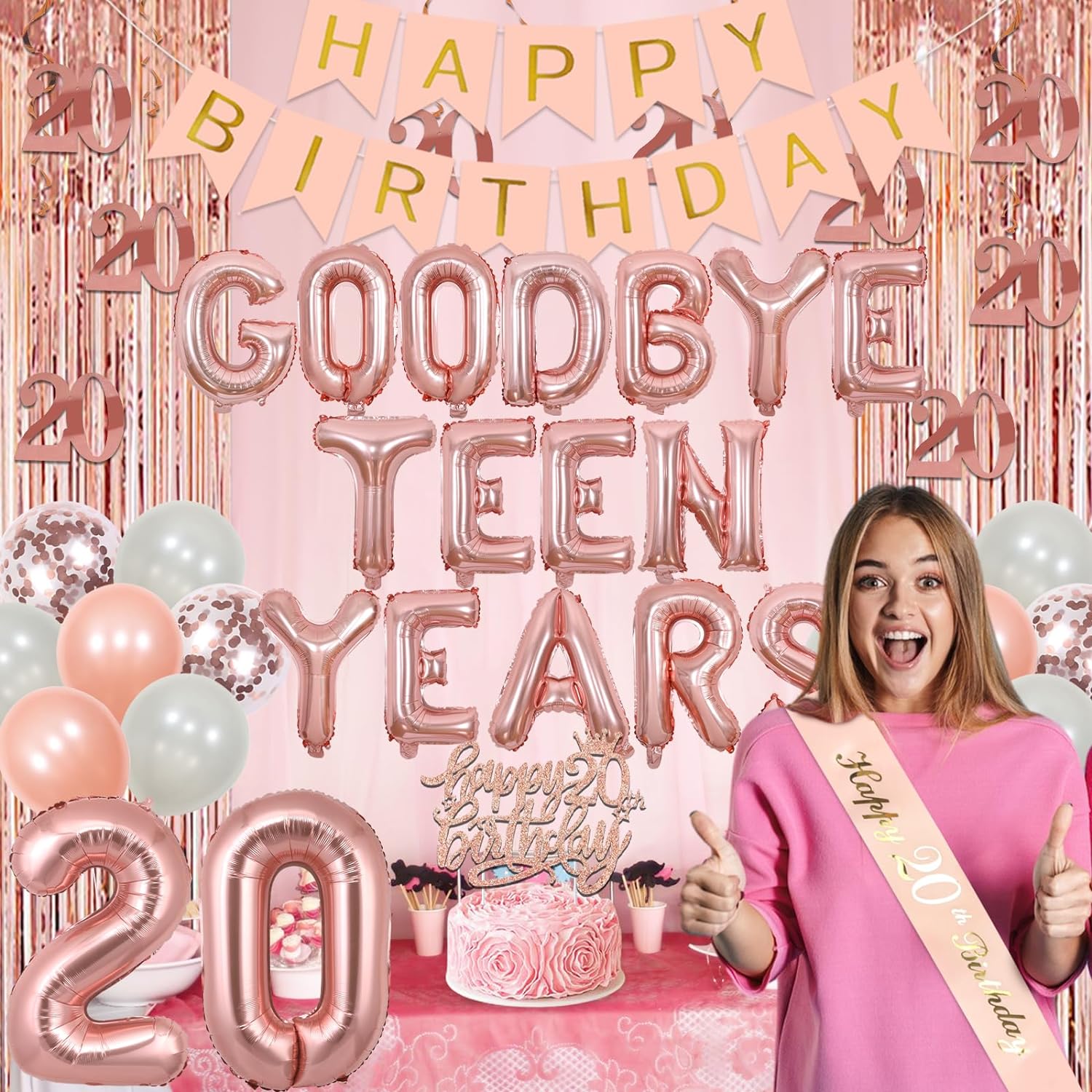 20th Birthday Decorations for Woman Rose Gold Goodbye Teen Years Balloon Banner Happy 20th Birthday Decorations with Happy Birthday Banner Number 20 Foil Balloon Hanging Swirls Sash