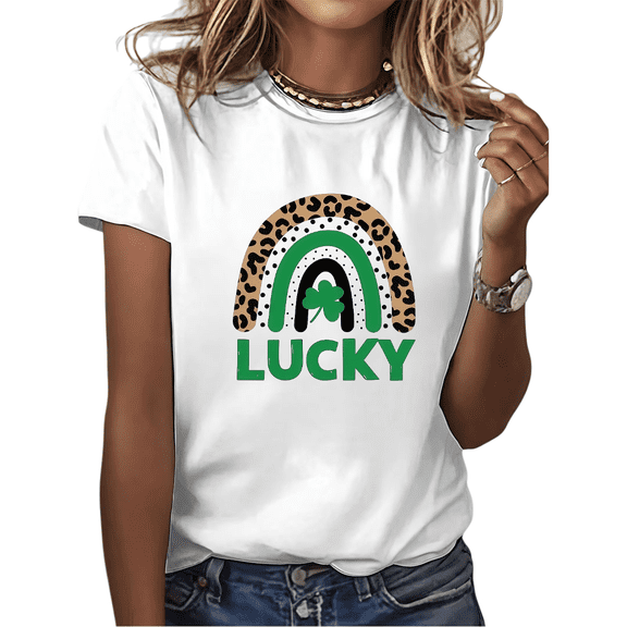 White St Patricks Day Print Tshirt Graphic Tees Shirts Lucky Leopard Rainbow Clover Festive Casual Fashion Tops Sizes S-5XL