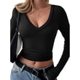 thumbnail image 3 of Long Sleeve Shirts for Women Fall Fashion V Neck Basics Crop Tops Slim Fitted Y2K Tops Outfits Clothes Black L, 3 of 8