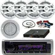 Kenwood KMRD375BT Motorsports Single DIN CD Bluetooth Receiver, 4 x Kenwood 6.5" 2-Way 150W Marine Speakers (White), 10" Woofer/Amplifier Combo Package, Amp Kit, Radio Antenna