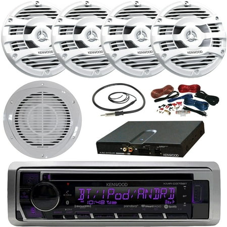 Kenwood KMRD375BT Motorsports Single DIN CD Bluetooth Receiver, 4 x Kenwood 6.5" 2-Way 150W Marine Speakers (White), 10" Woofer/Amplifier Combo Package, Amp Kit, Radio Antenna