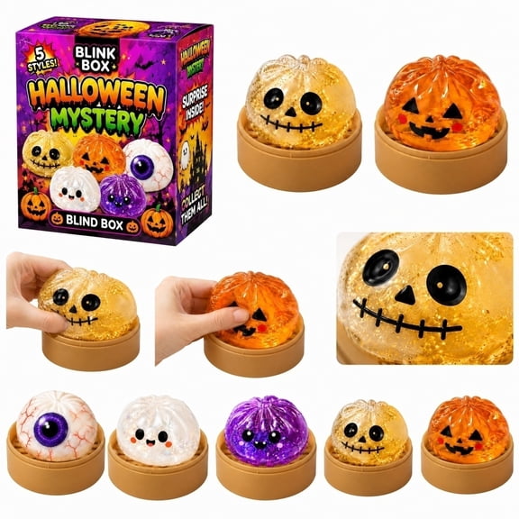 Halloween Mystery Squishy Blind Box,5 Collectible Cute Glitter Stress Relief Balls - Spooky Pumpkin,Skull & Eyeball Designs for Halloween Party Favors,Goodie Bag Fillers