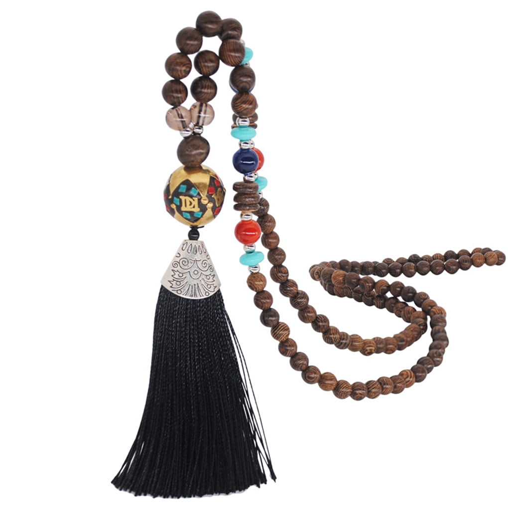 Vintage Ethnic Wood Wooden Beaded Necklace Pendant Handmade Jewelry Bohemian