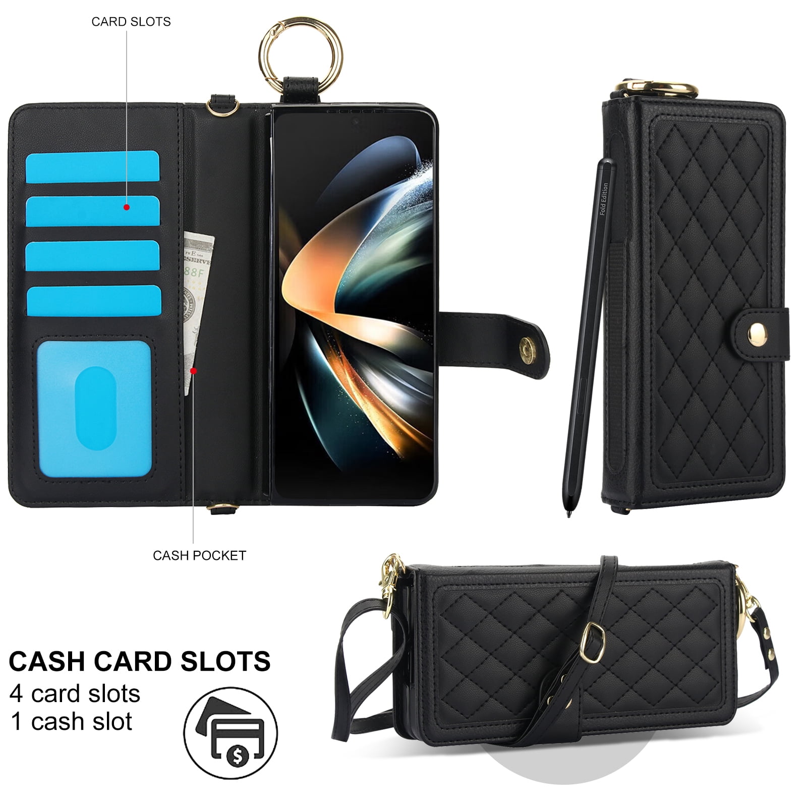 for Samsung Galaxy Z Fold 3 Crossbody Wallet Case, RFID Blocking Card Slots, Ring Buckle Luxury PU Leather Flip Phone Case with Pen Slot Lanyard Strap Wristband Kickstand Cover, Black