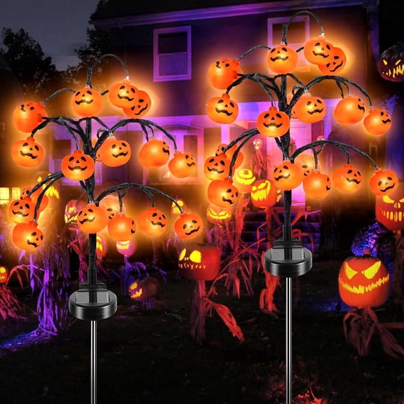 Qoosea 2 packs 40 LEDs Solar Halloween Pumpkin Stake Lights, 2 Modes Outdoor Waterproof Halloween Decorations, Solar Halloween Lights Stakes for Garden Yard Pathway