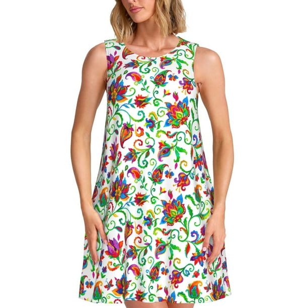 Fotbe Paisley Vestido de Verano sin Mangas para Mujer – Vestido Midi Línea A, Estilo Camiseta Floral, Vestido Playero Casual y Fluido