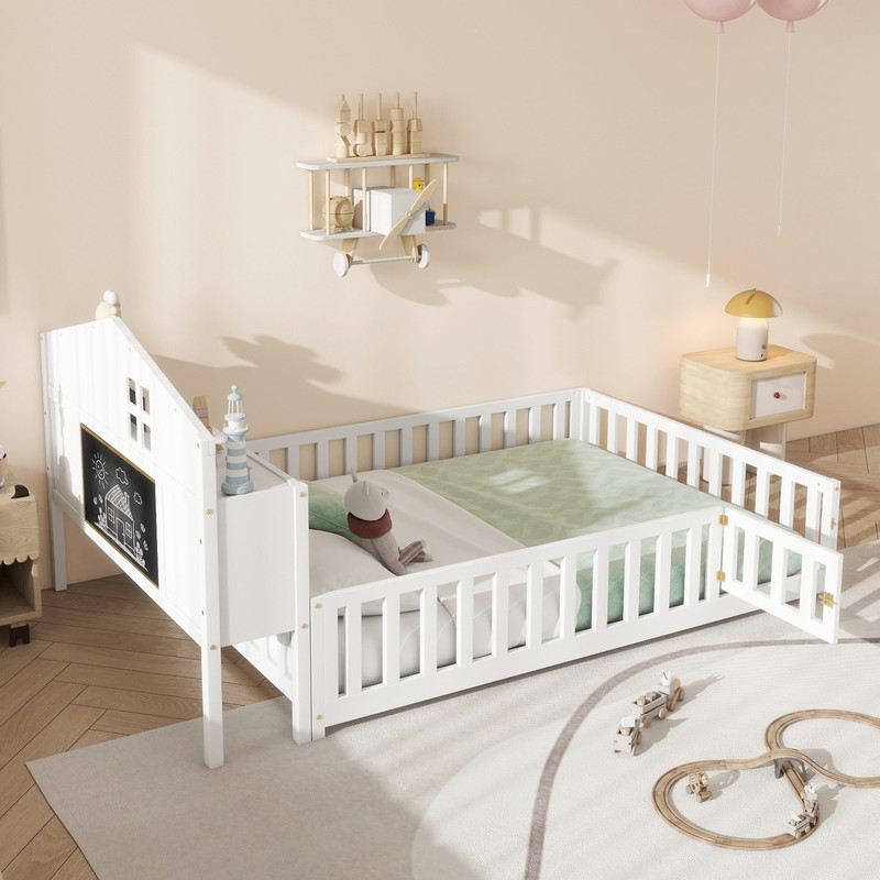 Bellemave Full Size Montessori Bed with Bookcase,Wooden Floor Bed with Fence Rails and Door, Full Playhouse Beds with Storage Headboards, No Box Spring Needed (White)