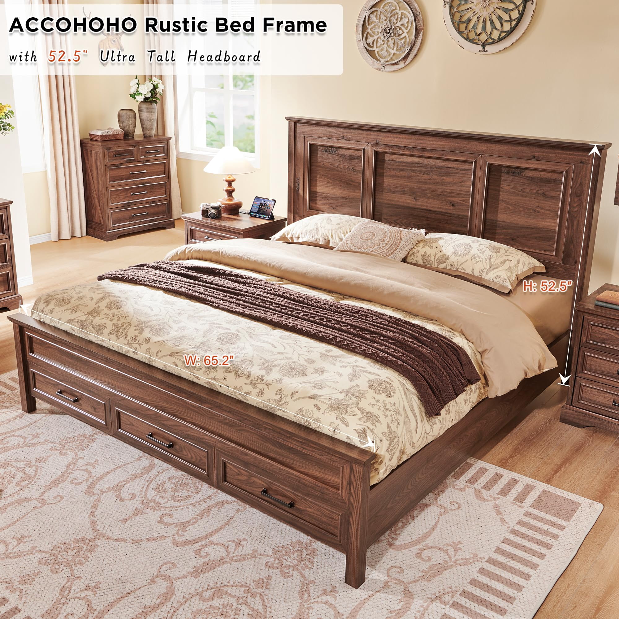 ACCOHOHO Rustic Queen Size Bed Frame with 52" Tall Full-Panel Headboard, Wood Platform Bedframe with Footboard and Storage Drawers, No Squeak, No Box Spring Needed, Brown