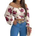 thumbnail image 3 of MIRACMODA Mujer Fuera del Hombro Fruncido Lazo Espalda Crop Top Verano Linterna Manga Boho Camisa Blusa, 3 of 5