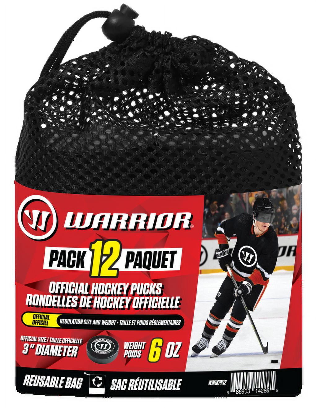 (24 pack) Warrior Ice Hockey Pucks - 6oz - 12pk Black Rubber Pucks in a Mesh Bag Ideal for Ice Hockey Teams