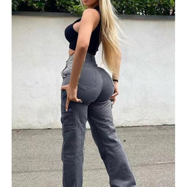 Mono de mujer de color sólido europeo y americano, pantalones casuales de cintura alta con múltiples bolsillos, de moda y a la moda, que combinan con todo