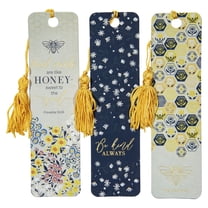 Christian Art Gifts Inspirational 3 Piece Paper Cardstock Scripture Bookmark Set for Women: Kind Words are Like Honey Bible Verse for Reading, Tassels, Bumblebees, Gold/Navy/Yellow Multicolor Floral