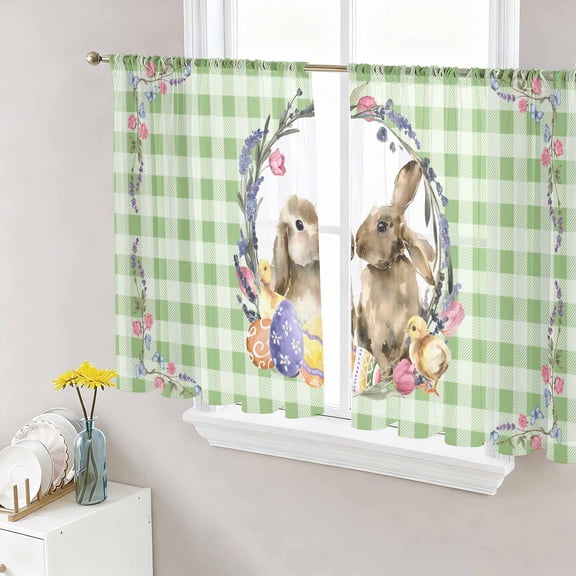 Easter Bunny Sheer Curtains 45 Inch Length 2 Panels Set Window Treatments, Spring Easter Eggs Chick Floral Sage Green Check Rod Pocket Semi Curtains for Living Room/Bedroom/Kitchen, 104"W x 45"L