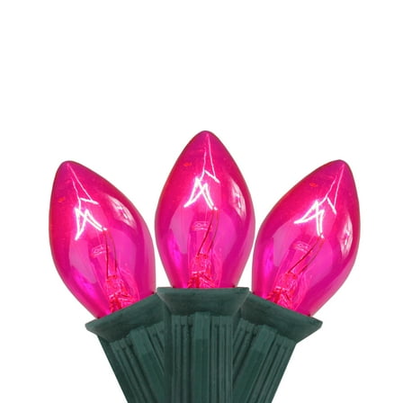 Set of 25 Transparent Pink C7 Christmas Lights 12" Spacing - Green Wire