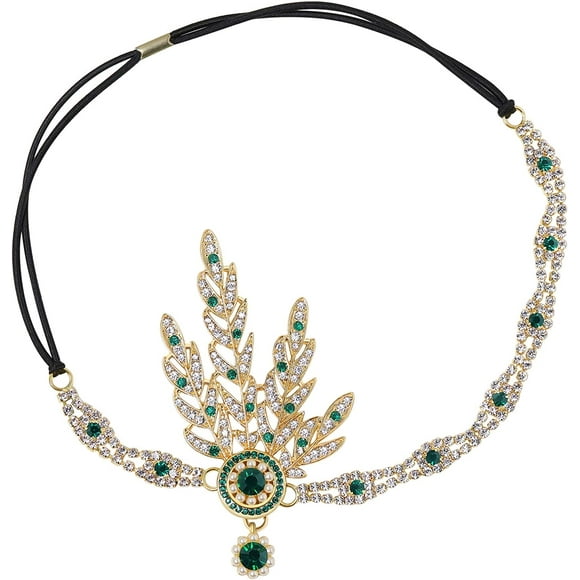 SHENMO 1920s Accessories Headband Costume Flapper Fancy Dress Crystal Headband Gatsby Headband 1920s Art Headbands Inspired Leaf Crown Pearl (Green)