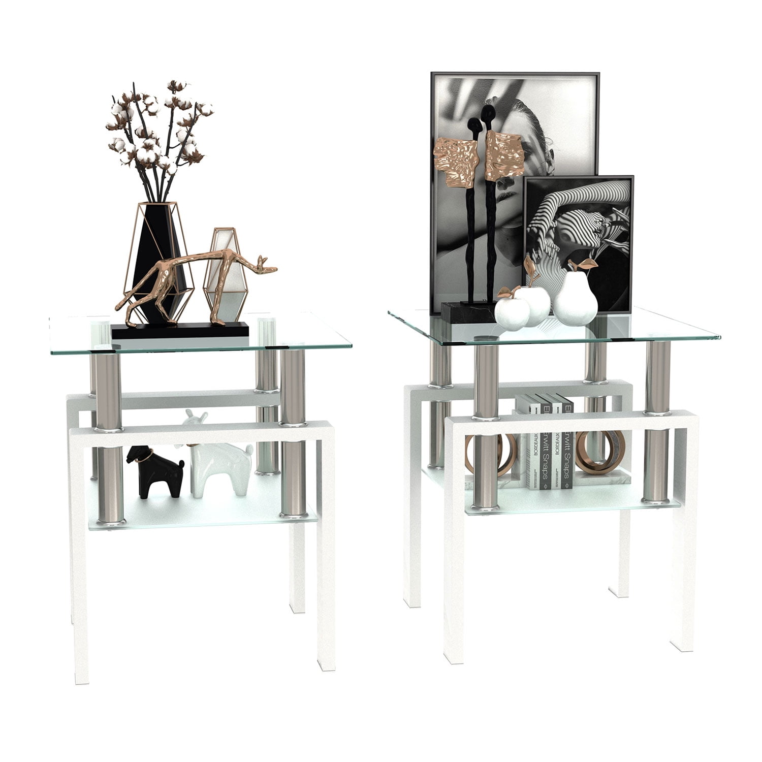 Royard Oaktree End Table Set of 2, Modern Square Tempered Glass Side Table with Shelf for Bedroom
