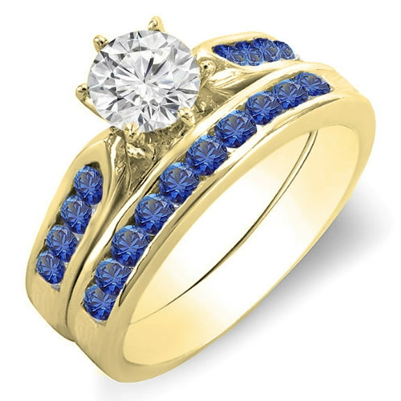 Dazzlingrock Collection 14K Round Blue Sapphire & White Diamond Ladies Bridal Engagement Ring Set, Yellow Gold, Size 6.5