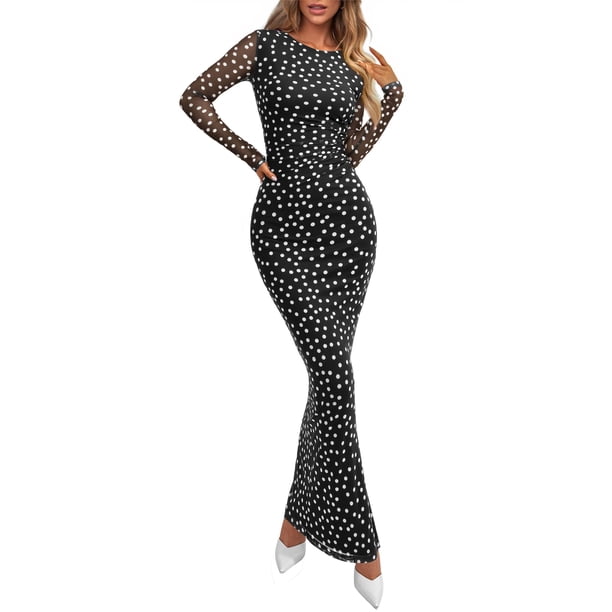 Vestido PRETTYGARDEN Ajustado Maxi de Lunares con Fruncido y Mangas Largas Talla L