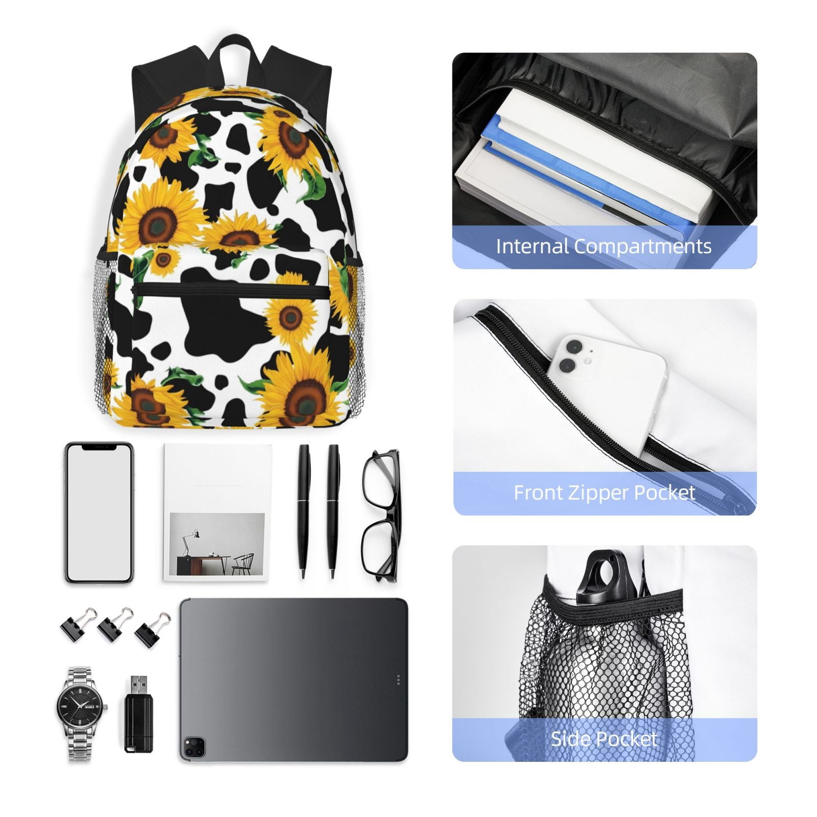 Picia Cute Cow Print Sunflower D Large Capacity Backpack Classic Style Backpack Casual Backpack Water-Resistant School Work Travel Outdoor Backpack