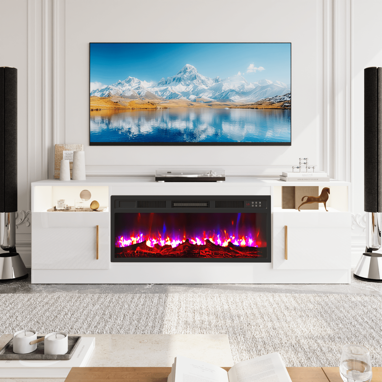 BOSSIN Fireplace TV Stand with 36 inch Fireplace Up to 80" TVs,LED Light Entertainment Center with Highlight Storage Cabinet for living room