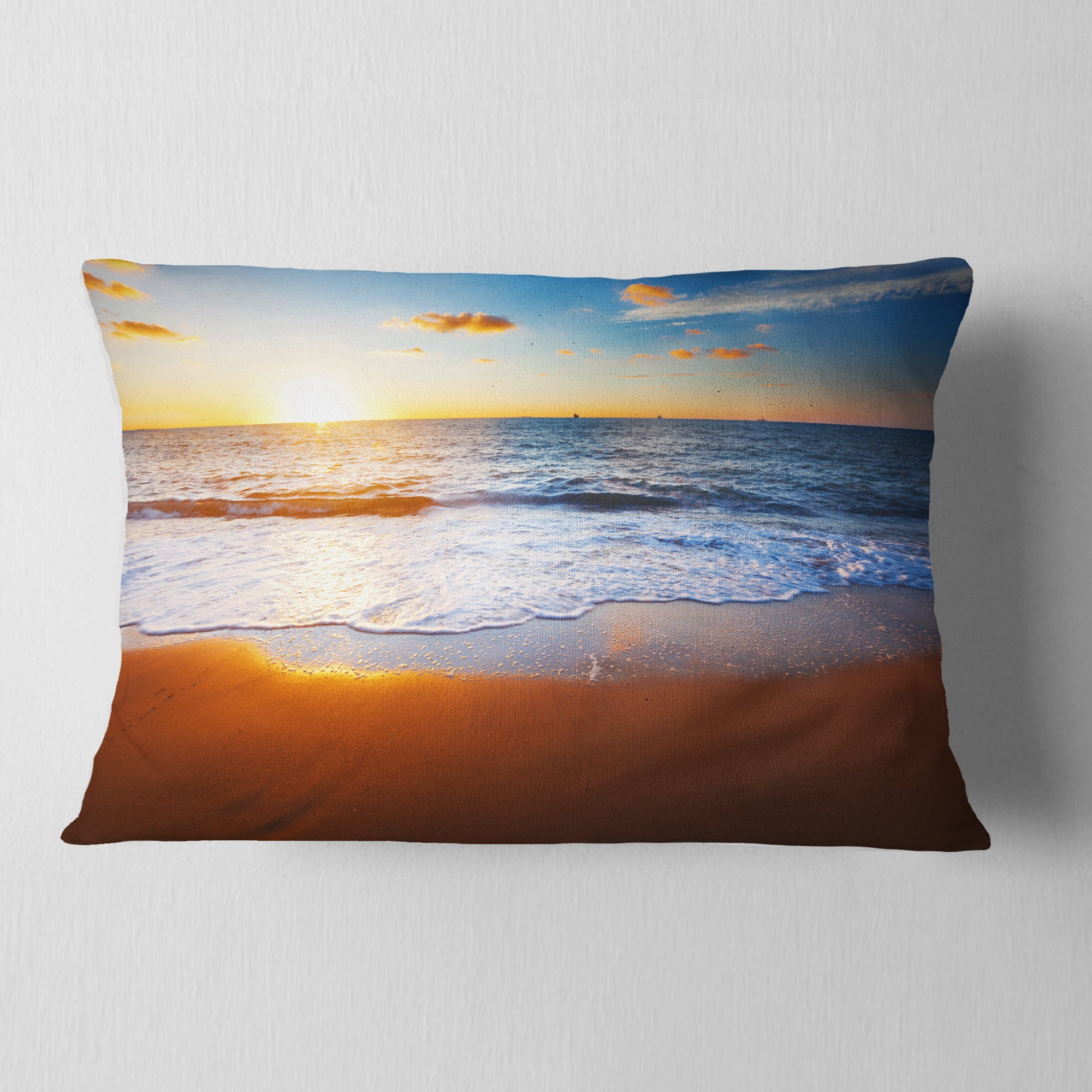 Designart Blue Sea and Sky with Sandy Beach - Seashore Throw Pillow - 12x20
