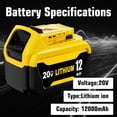 thumbnail image 2 of 2Packs 12000mAh DCB206 Replacement for Dewelt 20v Max Battery 12.0Ah 20v Battery Lithium DCB206 DCB201 DCB203 DCB207 DCB204 DCB200, 2 of 7