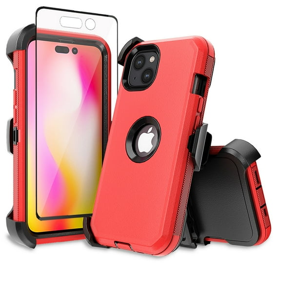 Xhy iPhone 14 Case with Belt Clip Holster and Screen Protector Military Grade Heavy Duty Shockproof Armor Durable Detachable for iPhone 14 6.1 inch 2022 Phone - Red Black