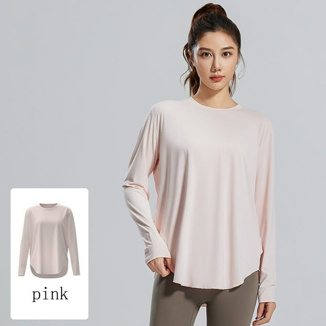 MHFRRA Camiseta deportiva de Yoga con Protección Solar, Manga Larga, Ligera, de Secado Rápido, para Senderismo y deportes. Rosa Claro