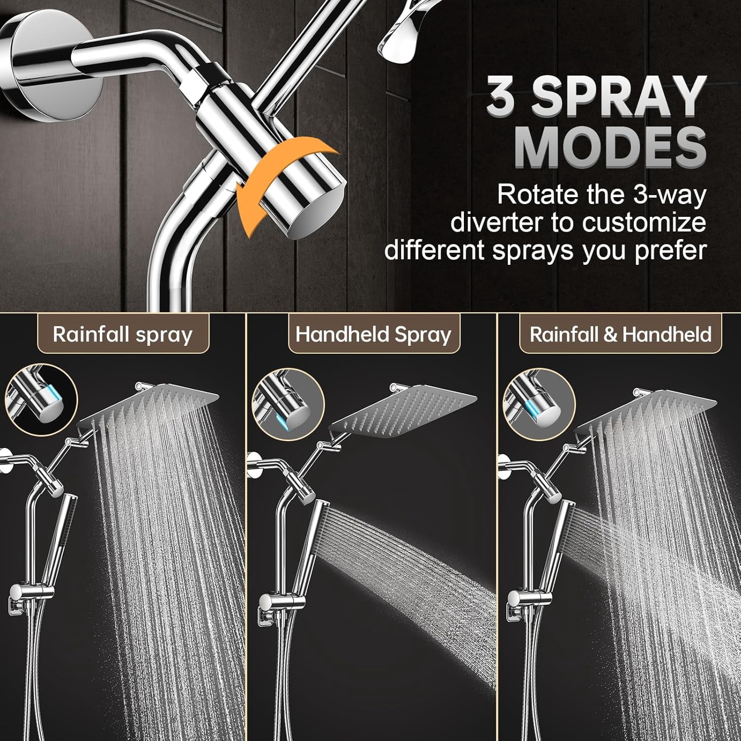 Metal 10" Shower Head with Handheld, Luxurious Square Double Rain Shower Heads,Power Wash Wand,Dual High Pressure Detachable Rainf Showerhead with Spray Combo,Extension Arm,Chrome,Sliver
