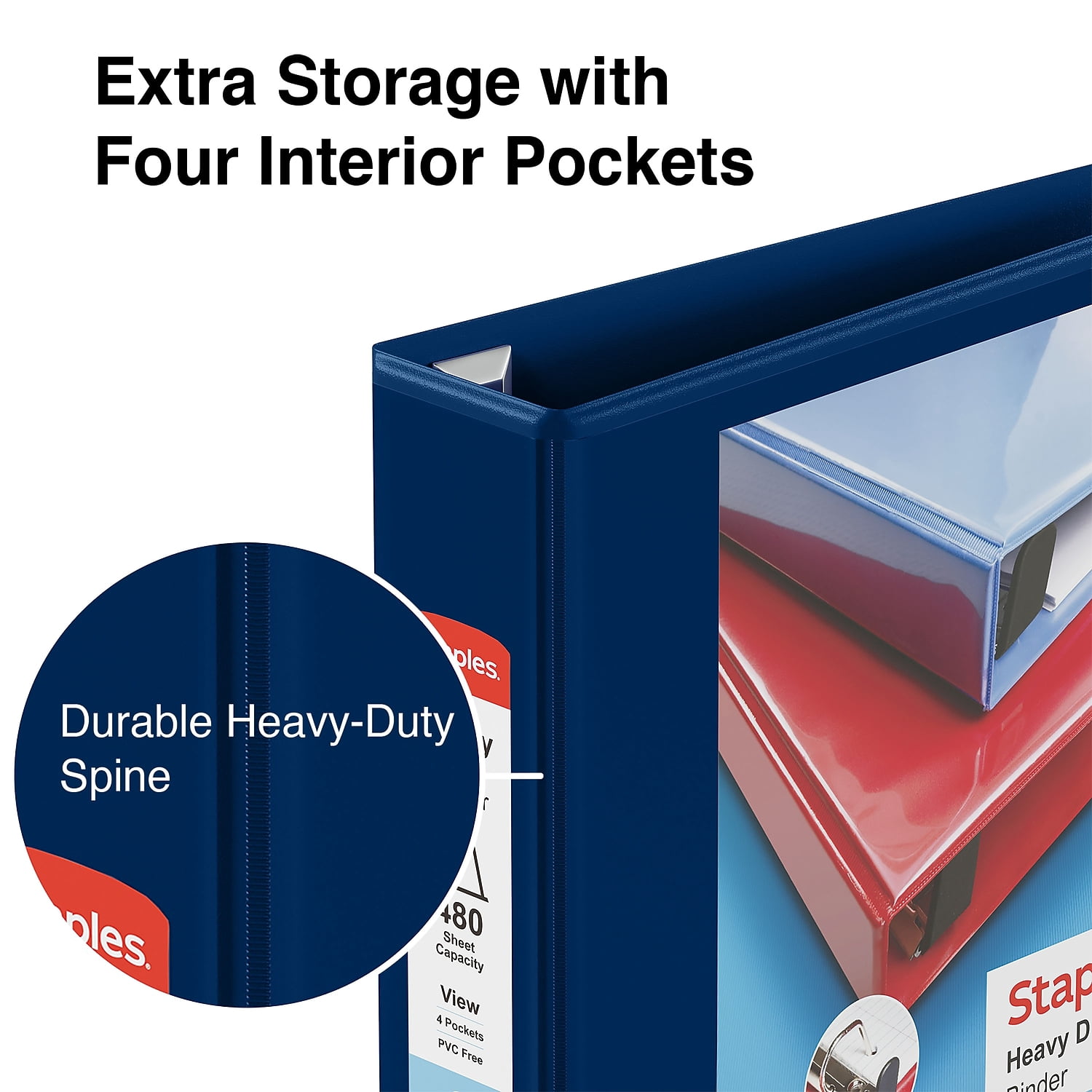 Staples Heavy Duty 2" 3-Ring View Binder with D-Rings and Four Interior Pockets Navy Blue  3/Pack
