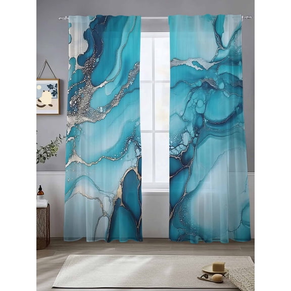 Turquoise Modern Sheer Curtains for Living Room Bedroom Teal Grey Marble Textured Sheer Curtains 96 Inch Long 2 Panels Set Light Filtering Curtain Window Treatments Drapes for Dining Room