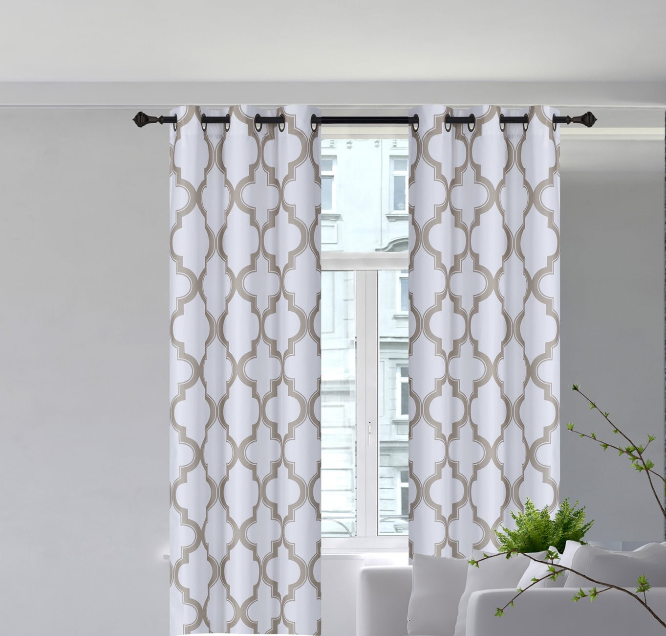 2Piece 7LO TAUPE Geometric Blackout Lined Grommet Window Curtain Set