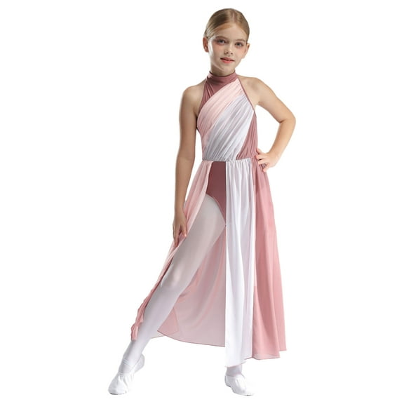 inlzdz Kids Girls Contemporary Modern Lyrical Dance Dress Sleeveless Keyhole Back Leotard Dress Dusty Pink 12