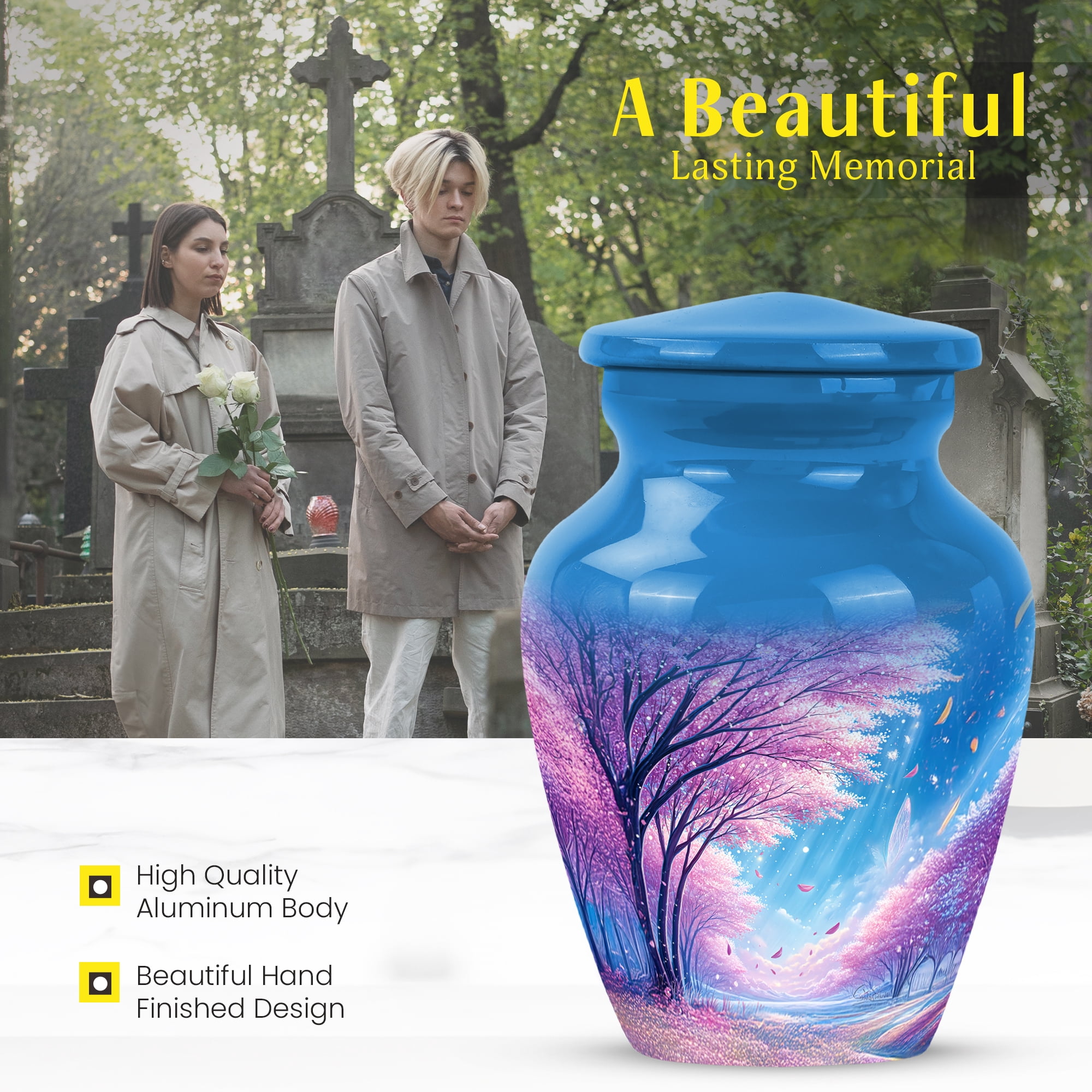 MUKTIVE Cherry Blossom Flowers Cremation Urns,Burial Urn for Human Ashes Adult Man, Decorative Urn for Women Funeral, Blue Cremation Urn for Ashes for Female Burial, 3 Inch