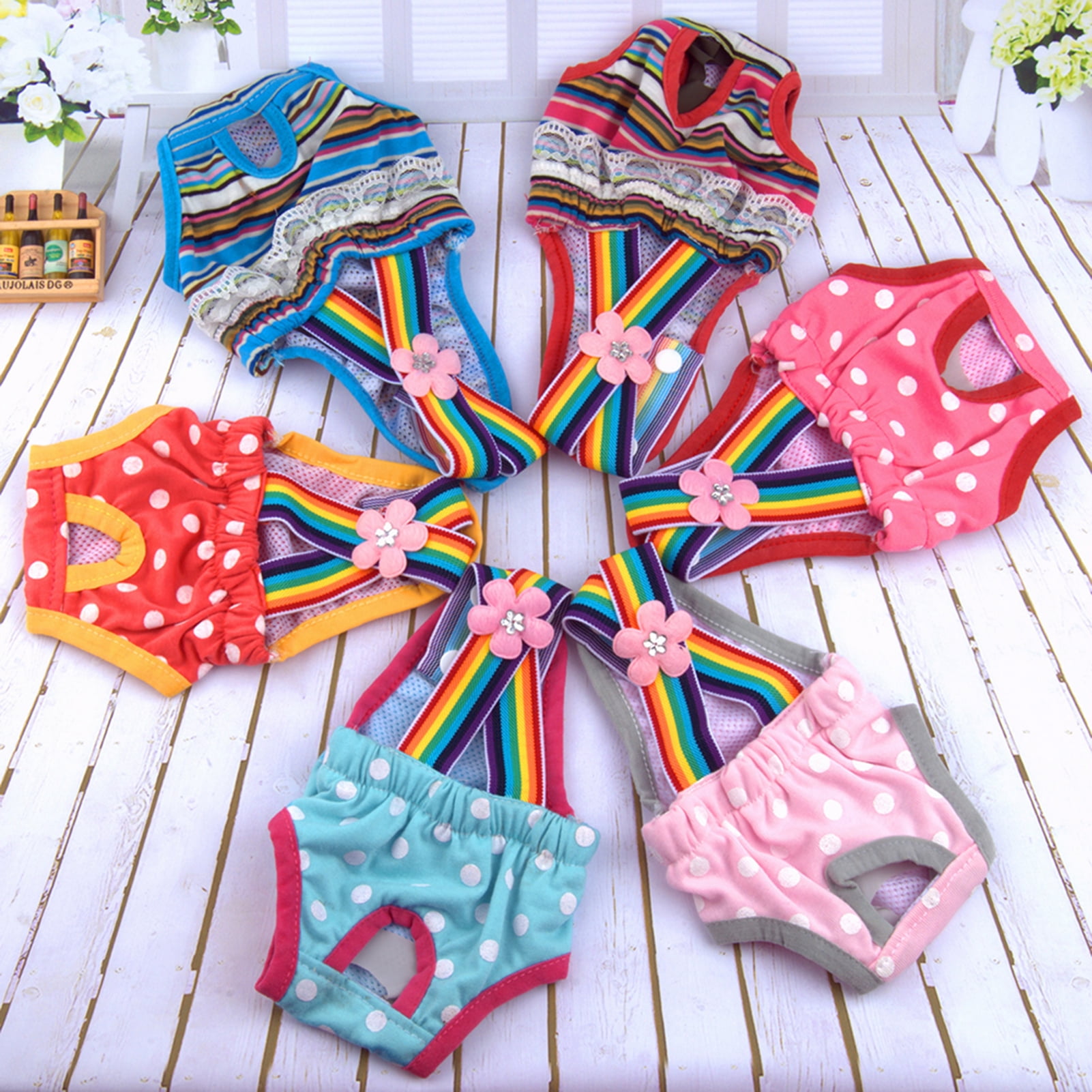 HEVIRGO 4PCS Female Dog Diaper Cute Washable Polka Dot Striped Sanitary Diaper Pet Physiological Pants for Home,Polka Dot Pink,S