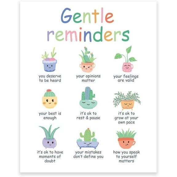 1 Pc Gentle Reminders Positive Affirmations Wall Decor Mental Health Wall Poster Cute Potted Plant Pictures Wall Art Unframed Positive Quotes Inspirational Print 13.78x11.02 Inch