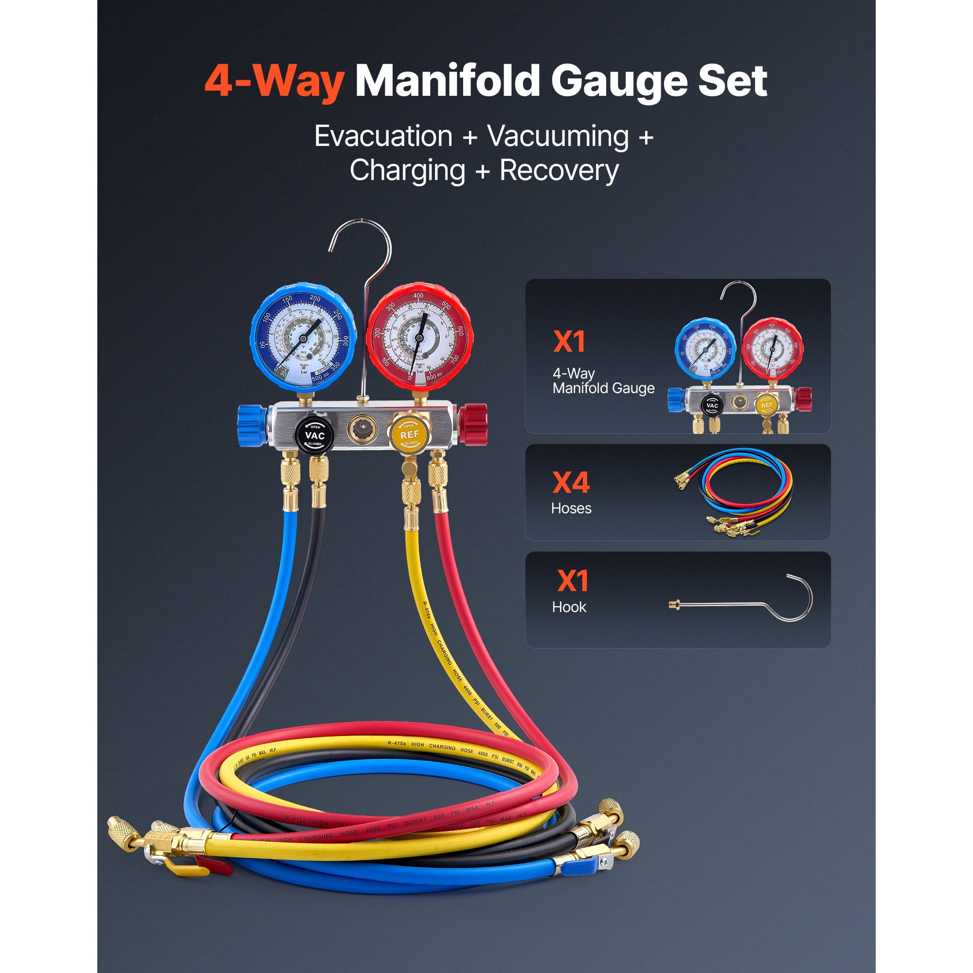 KFFKFF 4-Way AC Manifold Gauge Set for R22 R404A R410A R12 Refrigerants, Includes 5 ft Hoses for Automotive and Home Air Conditioning Maintenance, Vacuuming, Charging, and Recovery