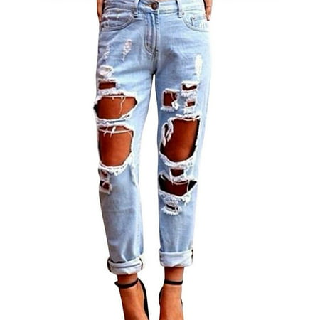 Women's Ripped Destroyed Hole Jeans Casual Loose Denim Skinny (Best Trouser Jeans For Women)