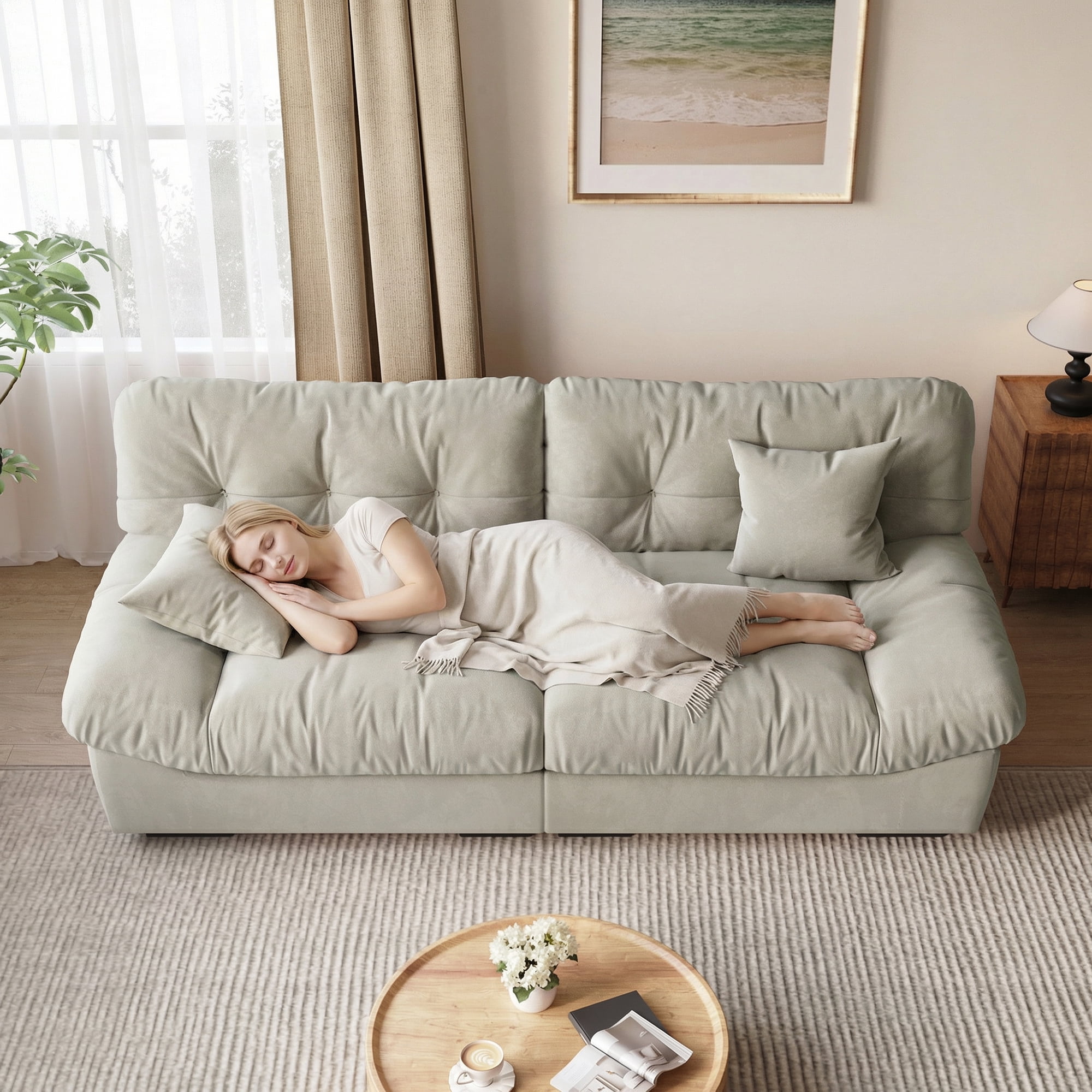 Magic Home 89" Cloud Sofa,Modern Velvet Couch,3-Seat Sofa for Living Room,Apartment and Small Space,Beige