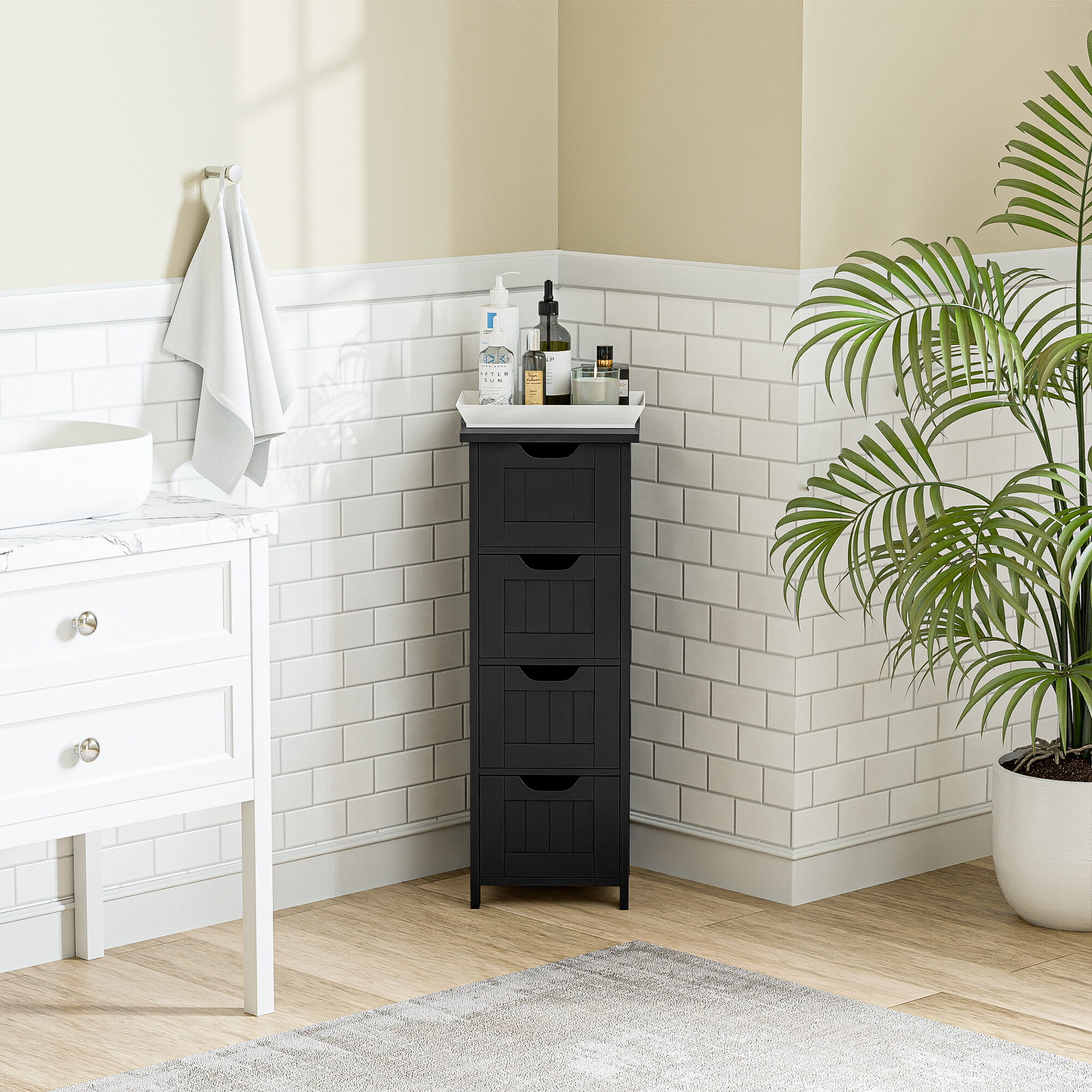 ZENSTYLE Bathroom Floor Cabinet Wood Free Standing Storage Organizer with 4 Drawers Black
